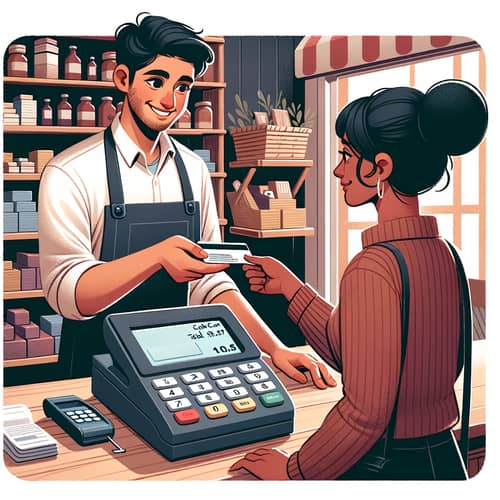 Local Store Customer Interaction: Smiling Storekeeper Accepts Card Payment