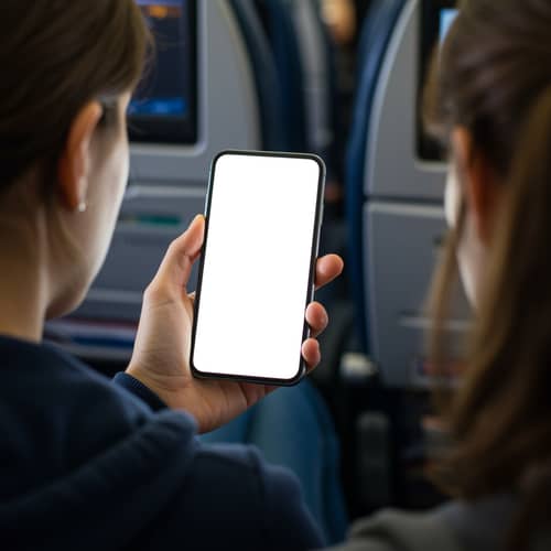 Woman on French Plane Using Phone Woman on French Plane Using Phone