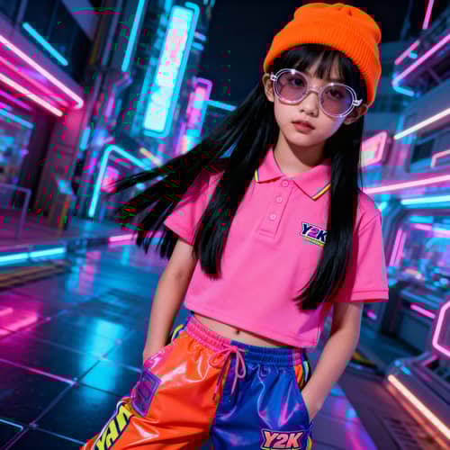 Stylish Girl in Orange Hat and Y2K Fashion