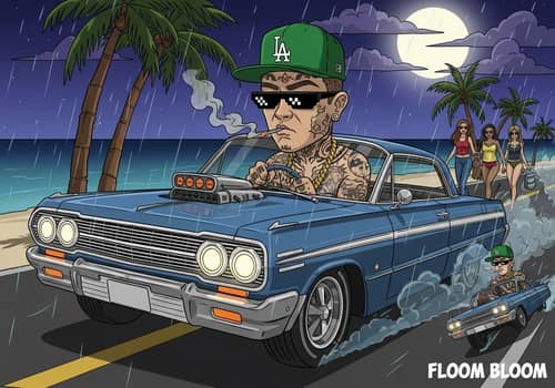 Cartoon Driver in 1964 Impala: Moonlit Beach Adventure