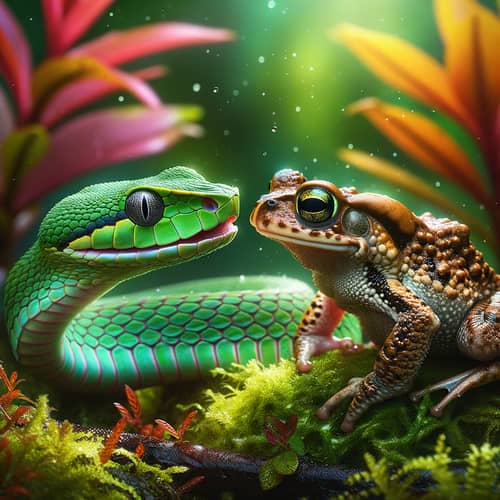 Green Viper and Toad in Friendly Rainforest Interaction