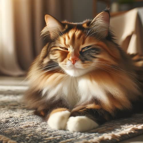 Peaceful Tortoiseshell Cat Resting on Plush Rug | Homely Scene
