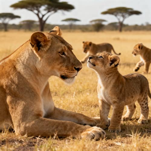 Mother Lioness and Her Cubs