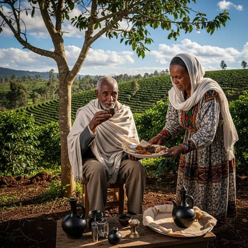 Ethiopian Coffee Tradition: Man Enjoys Injera
