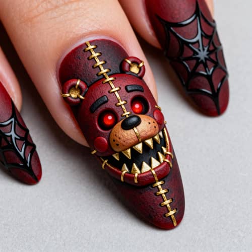 Halloween Almond Nails Inspired by Nightmare Fredbear Halloween Almond Nails Inspired by Nightmare Fredbear