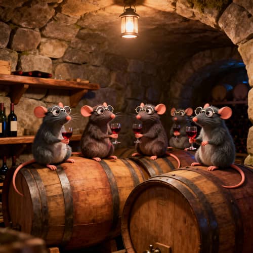 Cartoon Cellar Rats Enjoying Wine
