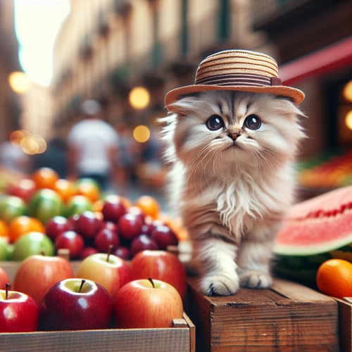 Adorable Cat in Stylish Hat Buying Fresh Fruits