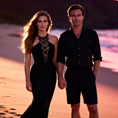 Elegant Couple at Sunset Beach: A Captivating Scene
