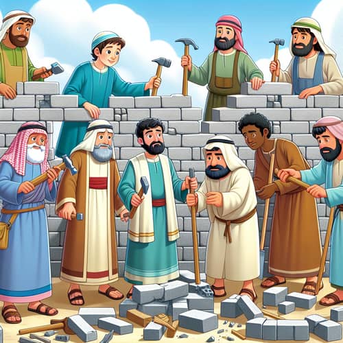 Nehemiah & Diverse Team Rebuild Crumbled Wall in Cartoon Style