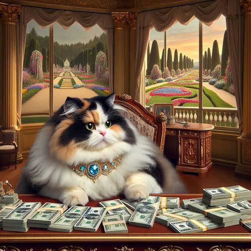 Millionaire Cat Counting Cash in Lavish Mansion