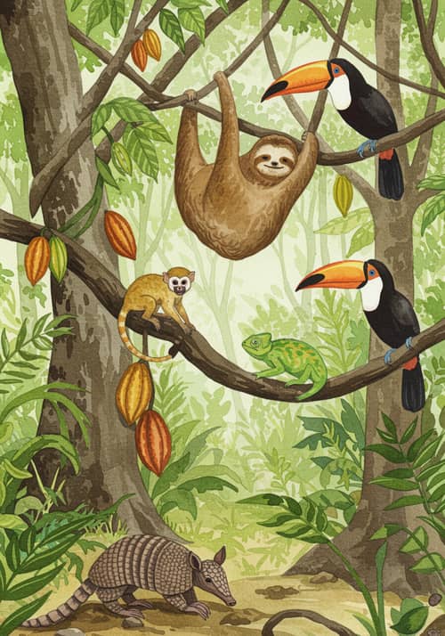 Amazon Rainforest Watercolor with Cocoa Trees & Wildlife