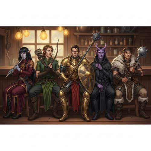 Five Adventurers in a Tavern Scene