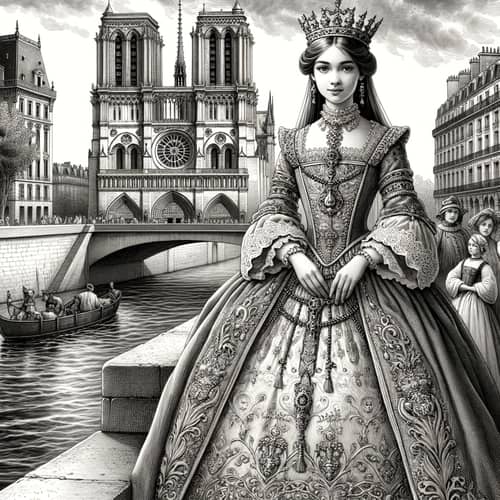 Hispanic Young Princess in High Middle Ages Attire overlooking Seine River | Paris