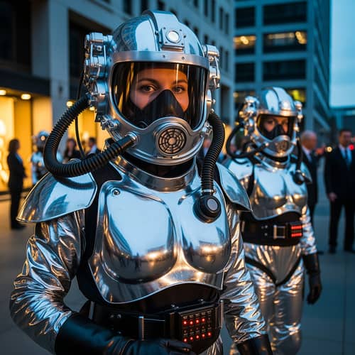 Futuristic Silver Suits on City Street Futuristic Silver Suits on City Street
