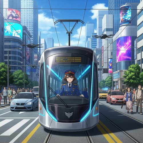 Modern Streetcar in City Scene - Female Conductor