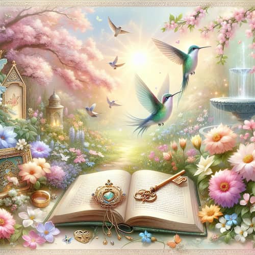 Idyllic Spring Setting with Pastel Flowers and Hummingbirds
