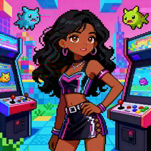 Vibrant 1980s Arcade-Inspired Video Game Character