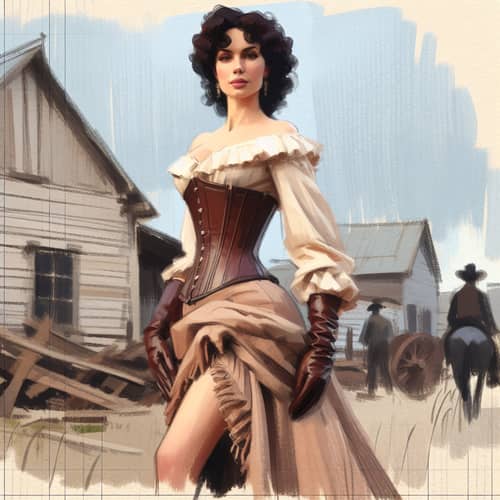 Caucasian Woman in 19th Century Western Village - Gouache Painting Sketch