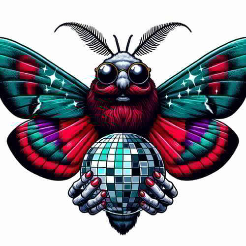 Mortality-Inspired Death Moth with Crimson Beard and Disco Ball