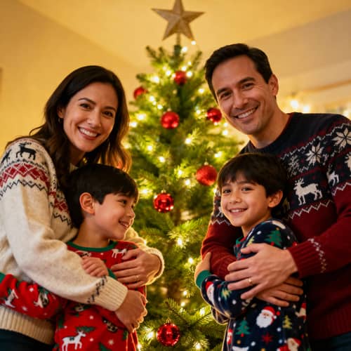 Cozy Family Christmas Photo by Decorated Tree Cozy Family Christmas Photo by Decorated Tree
