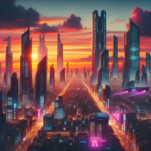 Futuristic Cityscape at Orange and Pink Sunset
