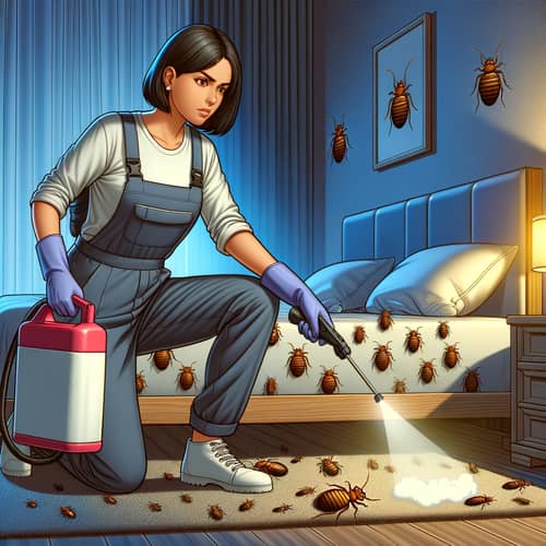 Hispanic Female Cleaner Battling Bedbugs in Bedroom