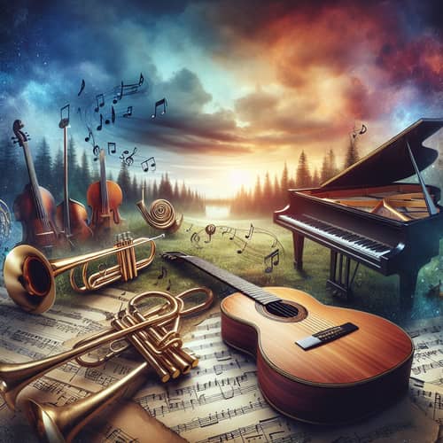 Tranquil Music Harmony: Artistic Landscape with Musical Instruments