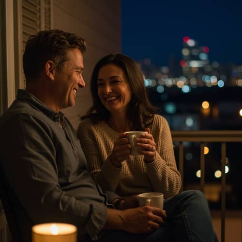 Romantic Balcony Moments: Coffee and City Lights
