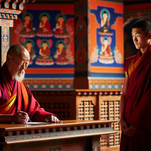 Bhutanese Monk Judging Scene in Tranquil Temple Interior