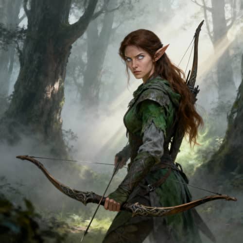 Female Half-Elf Ranger in Mystical Forest Female Half-Elf Ranger in Mystical Forest