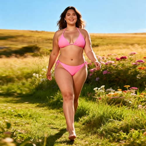 Confident Curvy Woman in a Pink Bikini Outdoors Confident Curvy Woman in a Pink Bikini Outdoors