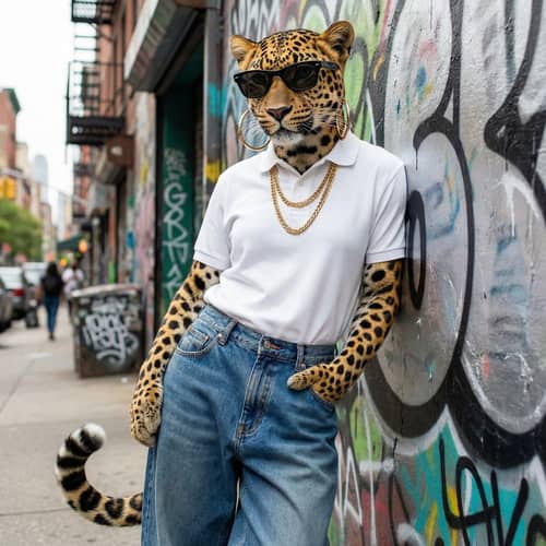 Stylish Leopard in Baggy Jeans and White Polo