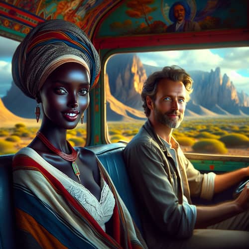 Cultural Diversity & Natural Beauty: Somali Woman and Man on Vibrant Bus Ride