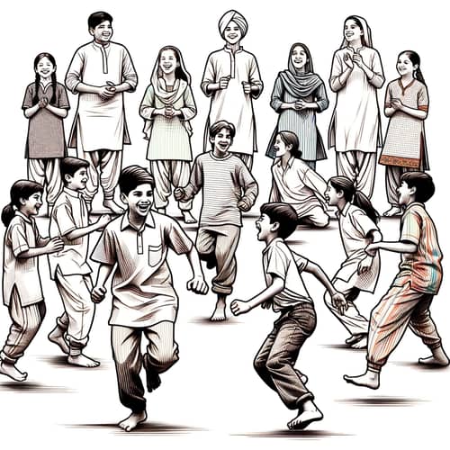 Indian 90's Kids Joyful Outdoor Game Line Art Illustration