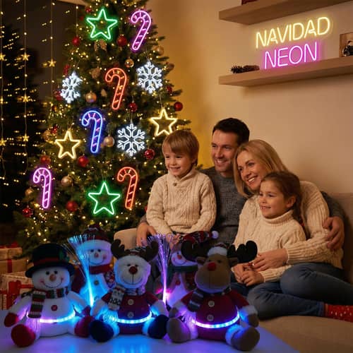 Cozy Family Christmas Photo with Neon Lights Cozy Family Christmas Photo with Neon Lights