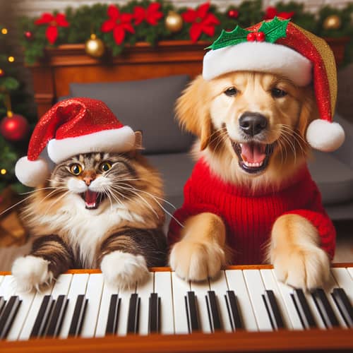 Jubilant Norwegian Cat and Golden Retriever Celebrate at Piano