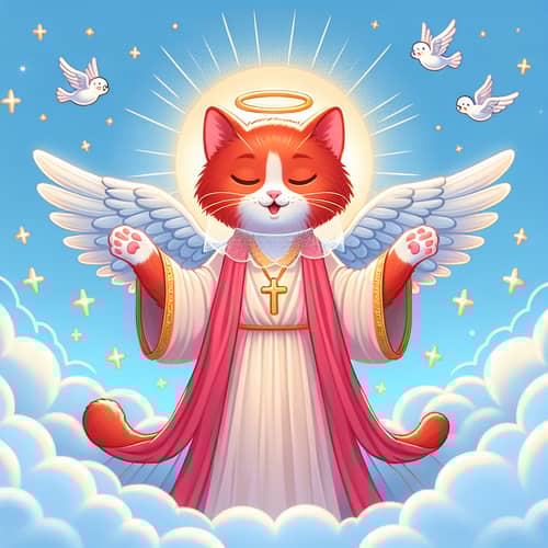Angelic Red Cat with Wings among Clouds