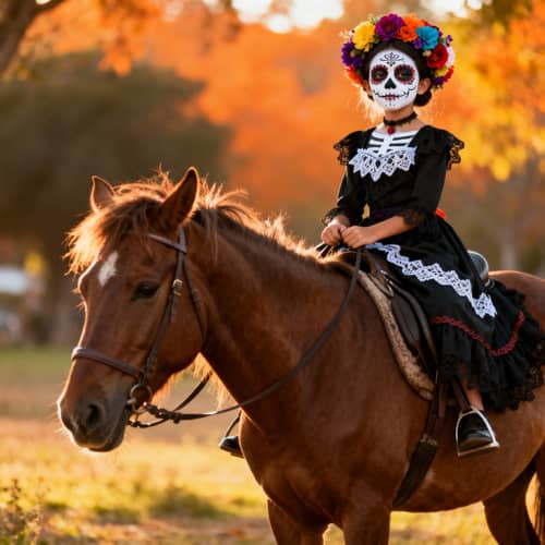 Girl Dressed as Catrina Riding a Horse Girl Dressed as Catrina Riding a Horse