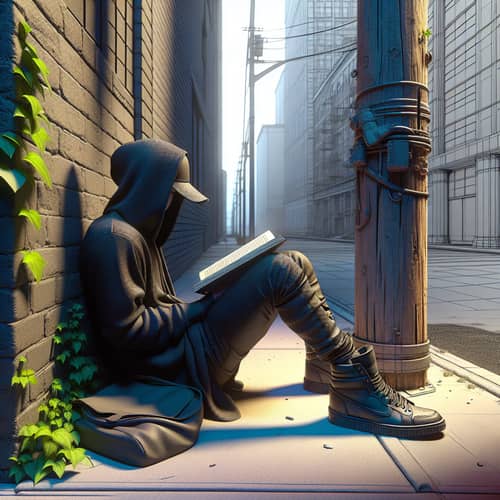 High Definition 3D Digital Art | Melancholic Character Reading in City Corner