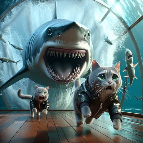 Hyper-Realistic Aquarium Scene: Shark and Grey Cats