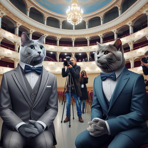 Elegant Grey Cats in Classic Suits at Russian Theater