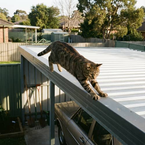 Tabby Cat Escaping Over Carport Roof Tabby Cat Escaping Over Carport Roof
