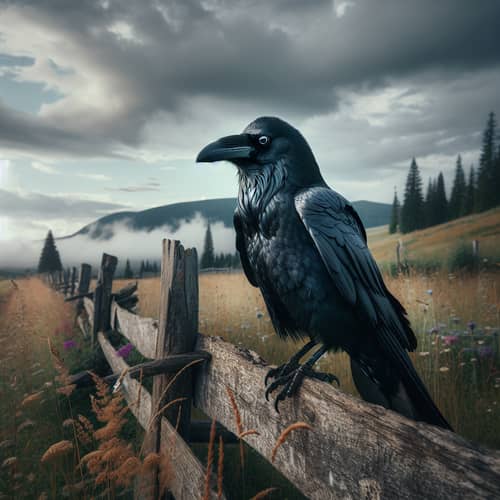 Black Raven on Old Wooden Fence under Cloudy Sky