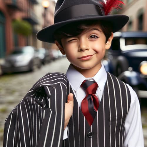 Young Hispanic Boy Dressed as 1920s Gangster