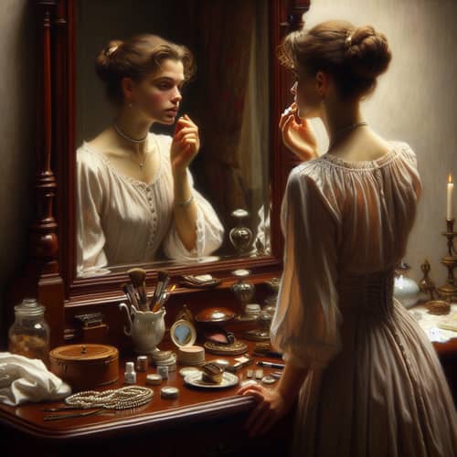 Woman Preparing in Front of Mirror | Oil Painting