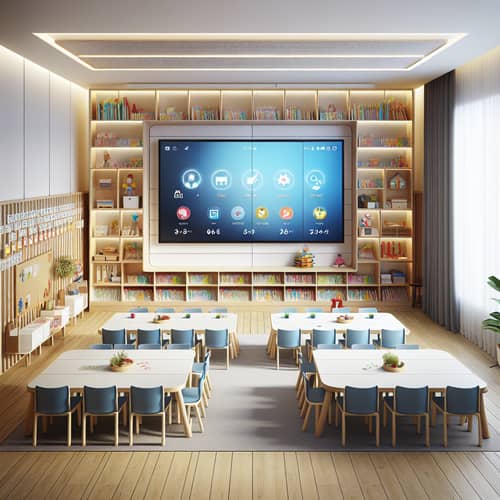 Vibrant Kindergarten Classroom with Smart TV and Reading Corner