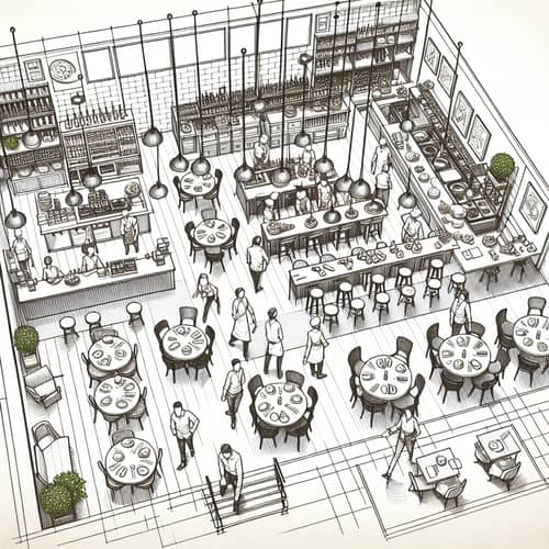Detailed Sketch of Bustling Restaurant Interior | Best Restaurant Layout
