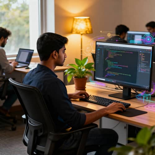 Young Indian Frontend Developer in Startup Atmosphere Young Indian Frontend Developer in Startup Atmosphere