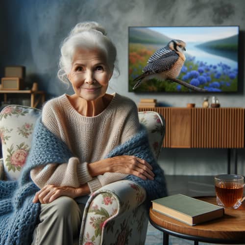 Elderly Caucasian Woman in Cozy Living Room with Large TV