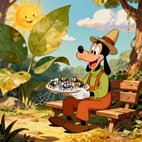 Goofy Eating Spiders in Classic Disney Style Goofy Eating Spiders in Classic Disney Style